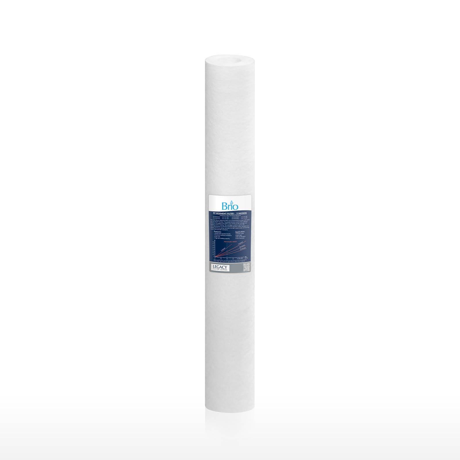 The Brio Legacy 5 Micron Sediment PP Filter (2.5" x 20") is a cylindrical white cartridge with a blue and white Brio label, shown upright against a plain white background. Ideal for commercial RO systems.