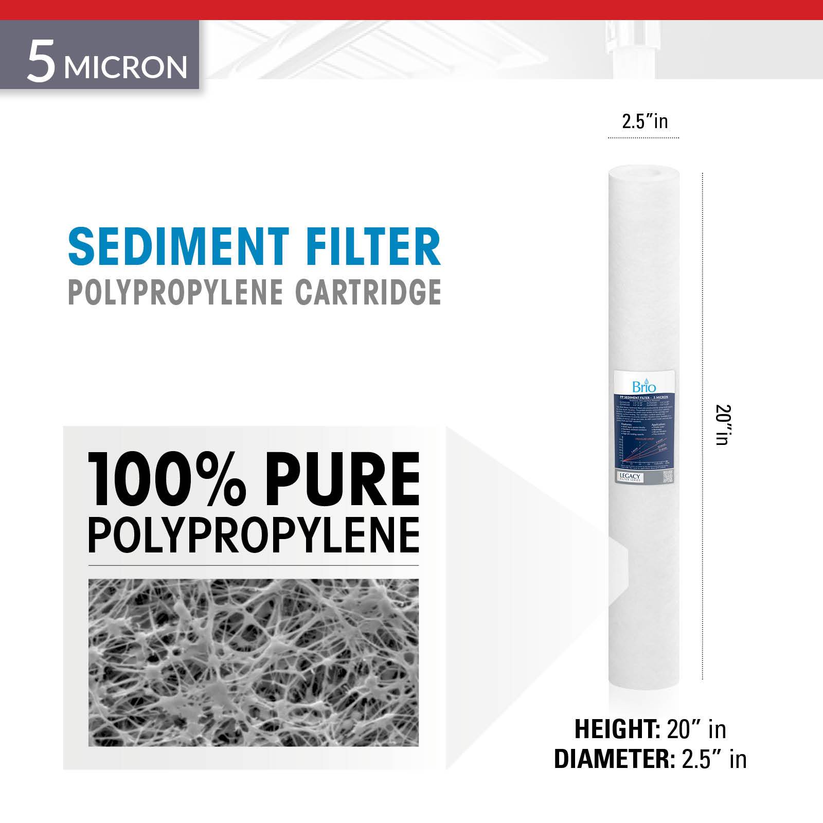 Product image of Brio Legacy 5 Micron Sediment PP Filter, 2.5" x 20", designed for commercial RO systems. "100% pure polypropylene" is highlighted with a close-up showing detailed fiber texture.