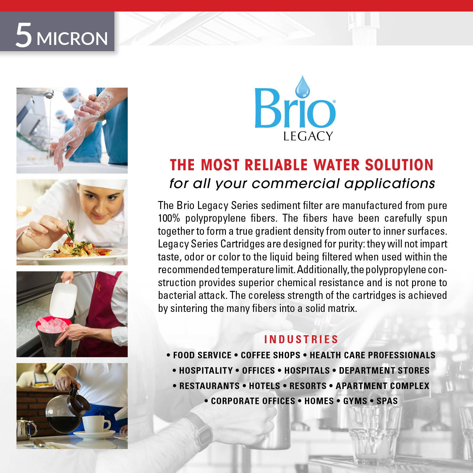 Promotional graphic for Brio Legacy 5 Micron Sediment PP Filter (2.5" x 20") features the product logo, filtration details, industries served, and photos of chefs, a baker, and an athlete to illustrate diverse commercial water quality benefits.