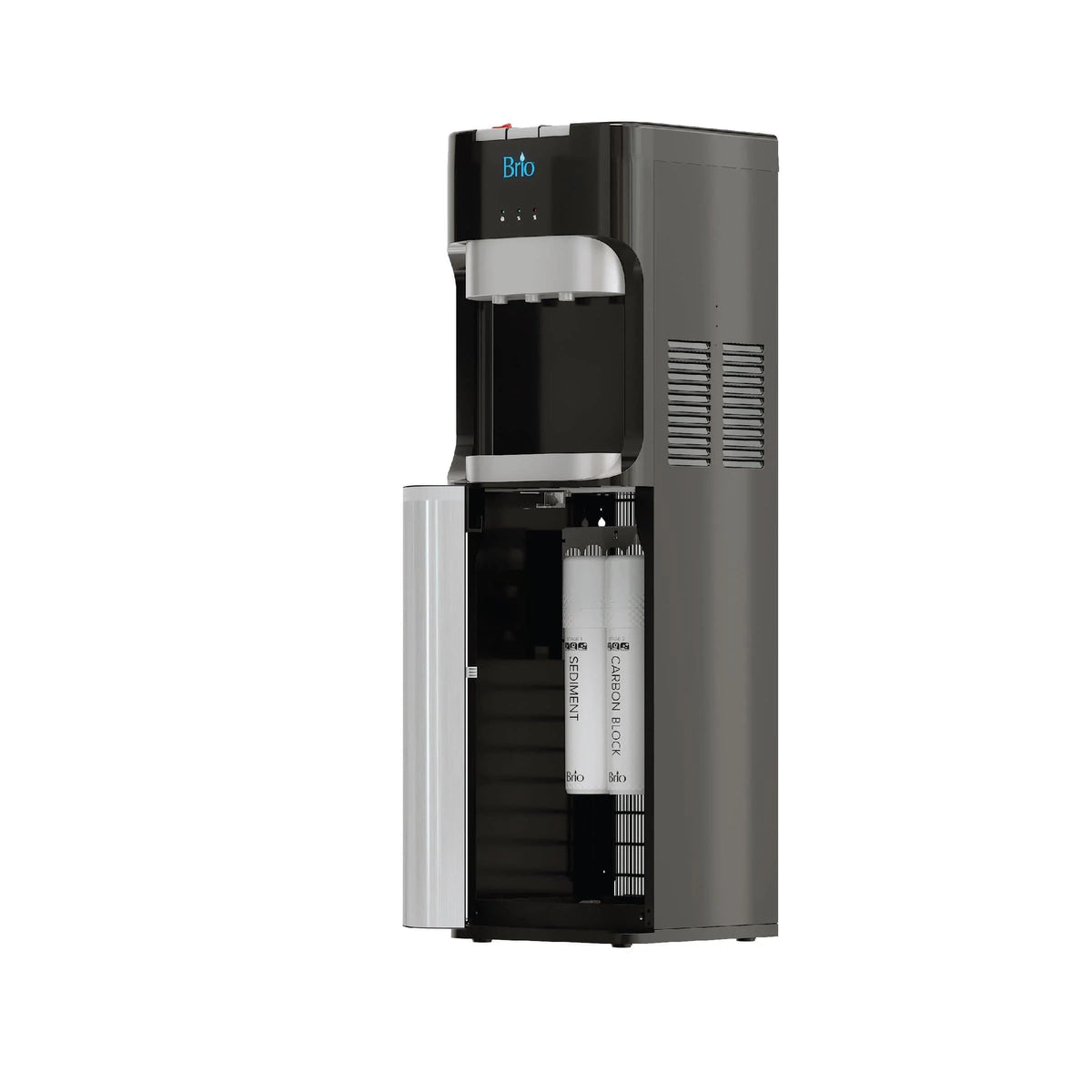 A black and silver 2-Stage Bottleless Water Filtration Dispenser - 420 Series with an open lower compartment displaying two vertical filter cartridges inside, featuring advanced 2-stage ultrafiltration and a convenient self-cleaning function.