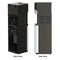 A 2-Stage Bottleless Water Filtration Dispenser - 420 Series in black is displayed from two angles: the back view highlights vents and a fan, while the side view showcases vertical vents and a curved front section. This model offers advanced convenience with a self-cleaning function to ensure optimal hygiene.