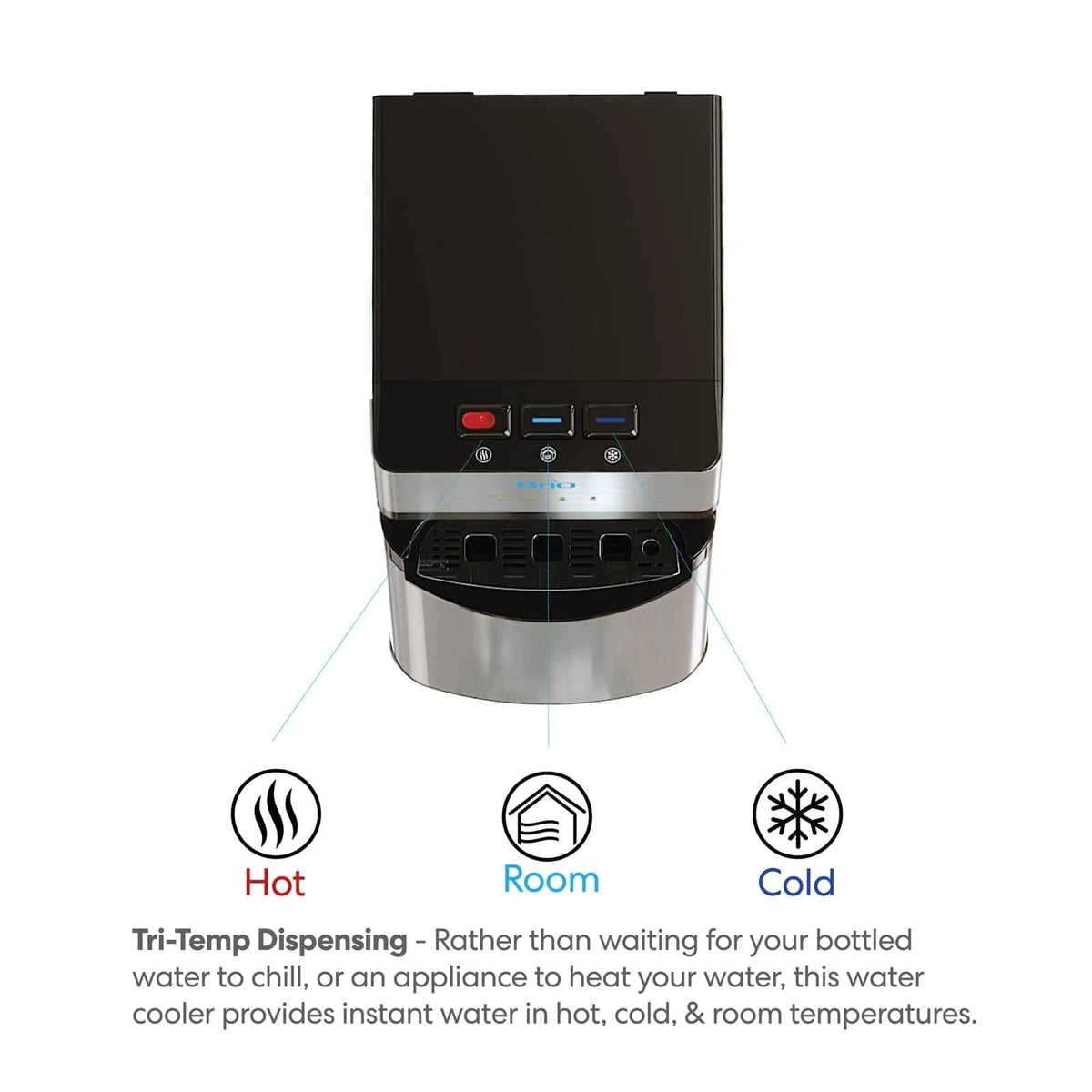 Front view of the 2-Stage Filtered Water Dispenser - 520 Series with stainless steel accents, icon-labeled buttons for hot, room, and cold water. Instant temperature options are listed beneath the unit. Bottleless with advanced 2-stage filtration.