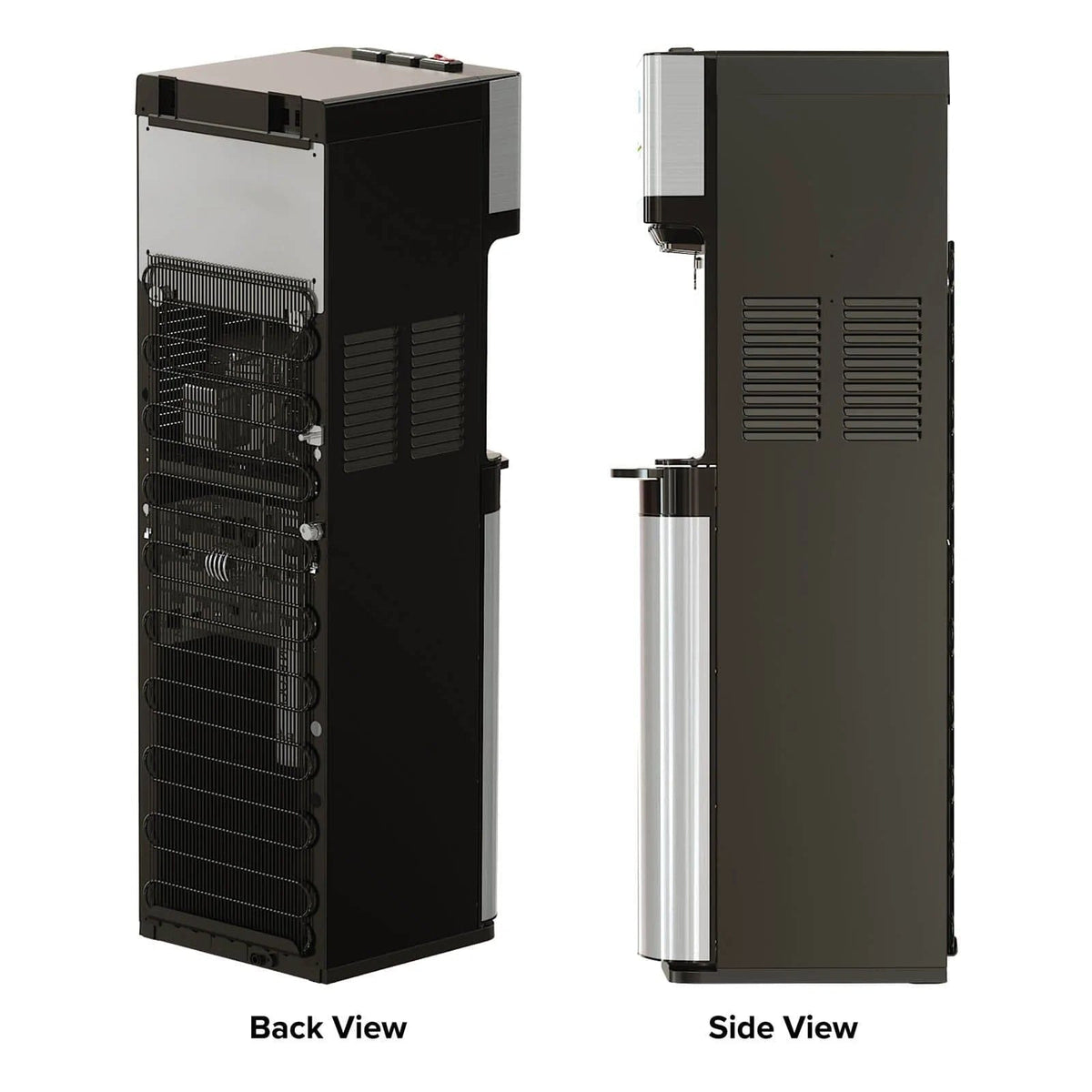 Two views of the 2-Stage Filtered Water Dispenser - 520 Series: left image shows the black back with exposed coils and vents; right image shows the side profile with a stainless steel panel and dispensing area.