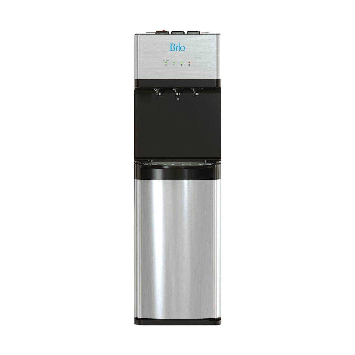 The 2-Stage Filtered Water Dispenser - 520 Series is a stainless steel and black bottleless unit with dual spouts, top control buttons, front indicator lights, and upright design, featuring advanced 2-stage filtration.