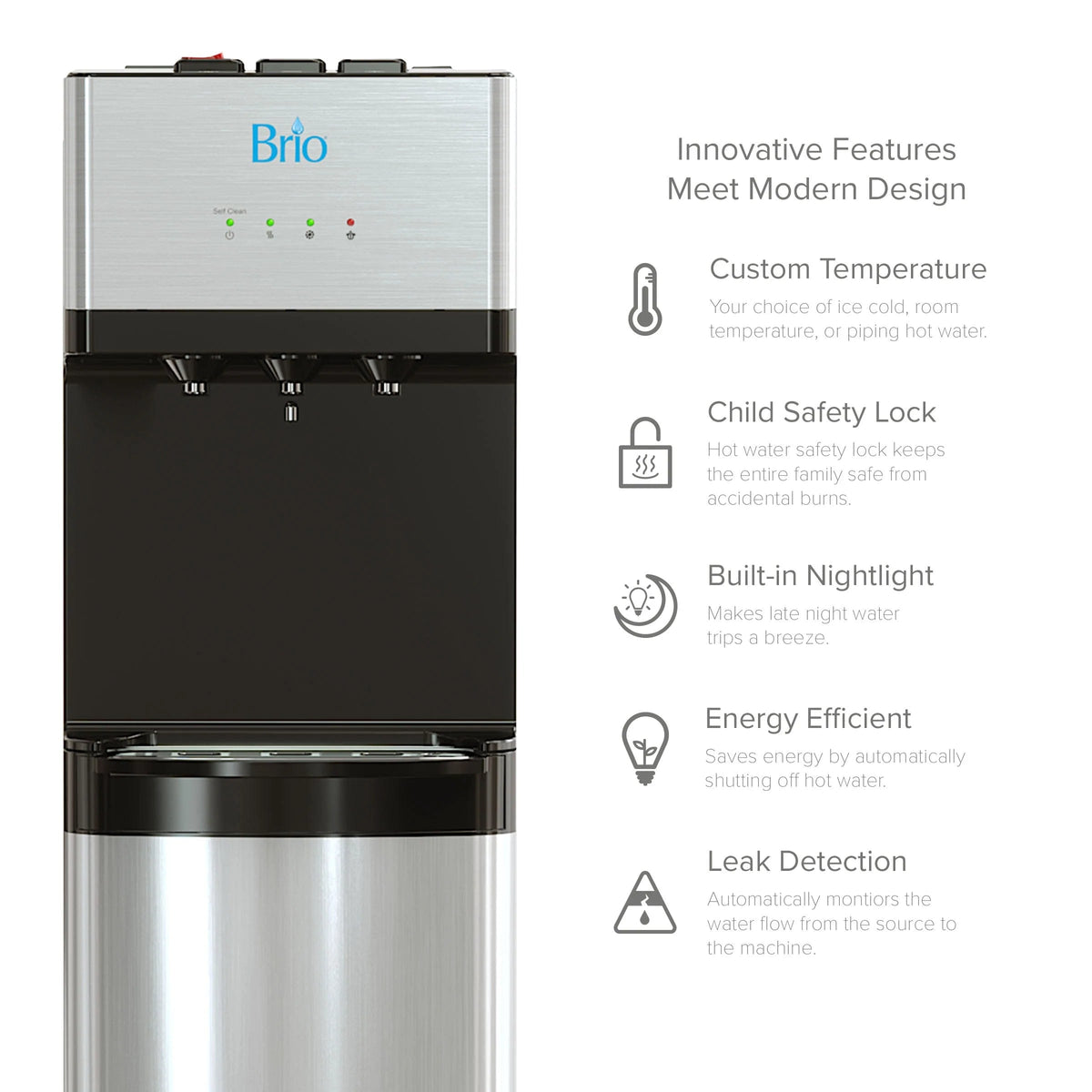 The 2-Stage Filtered Water Dispenser - 520 Series features stainless steel, custom temperature, child safety lock, built-in nightlight, energy efficiency, and leak detection—shown beside gray icons with brief descriptions.