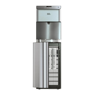 The Brio Moderna Touchless 4-Stage Reverse Osmosis Bottleless Water Cooler in silver and black features a digital display and an open front door revealing two filtration cartridges in the lower compartment.