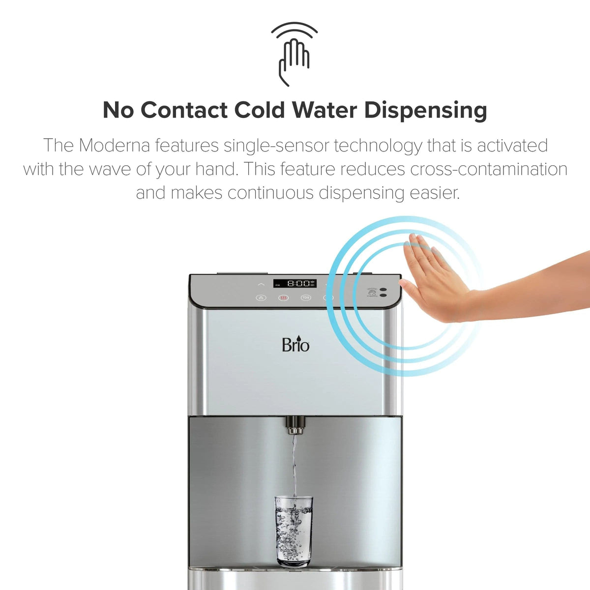 A hand hovers over the sensor of the Touchless 4-Stage Reverse Osmosis Bottleless Water Cooler – Moderna Series, activating cold water dispensing without contact. Water flows into a glass beneath, while text highlights the innovative single-sensor technology of this bottleless water cooler.