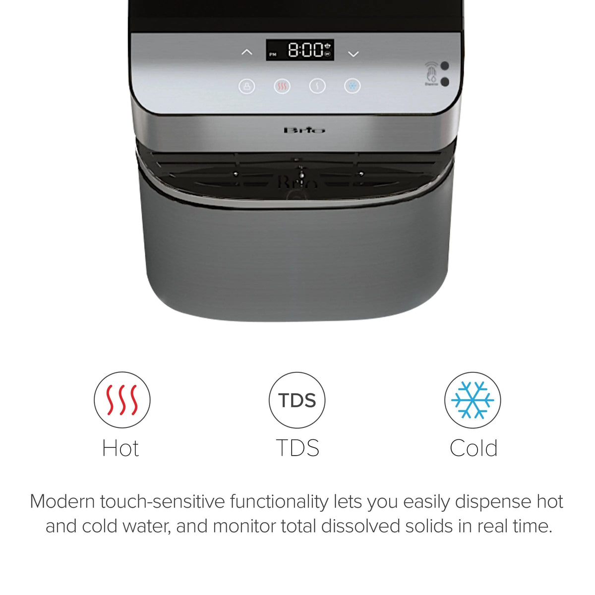 Top view of the Touchless 4-Stage Reverse Osmosis Bottleless Water Cooler - Moderna Series, featuring touch-sensitive controls for hot and cold water dispensing, TDS monitoring, and a digital display for real-time water quality checks. Text highlights the convenience of easily dispensing hot or cold water and monitoring purification status at a glance.