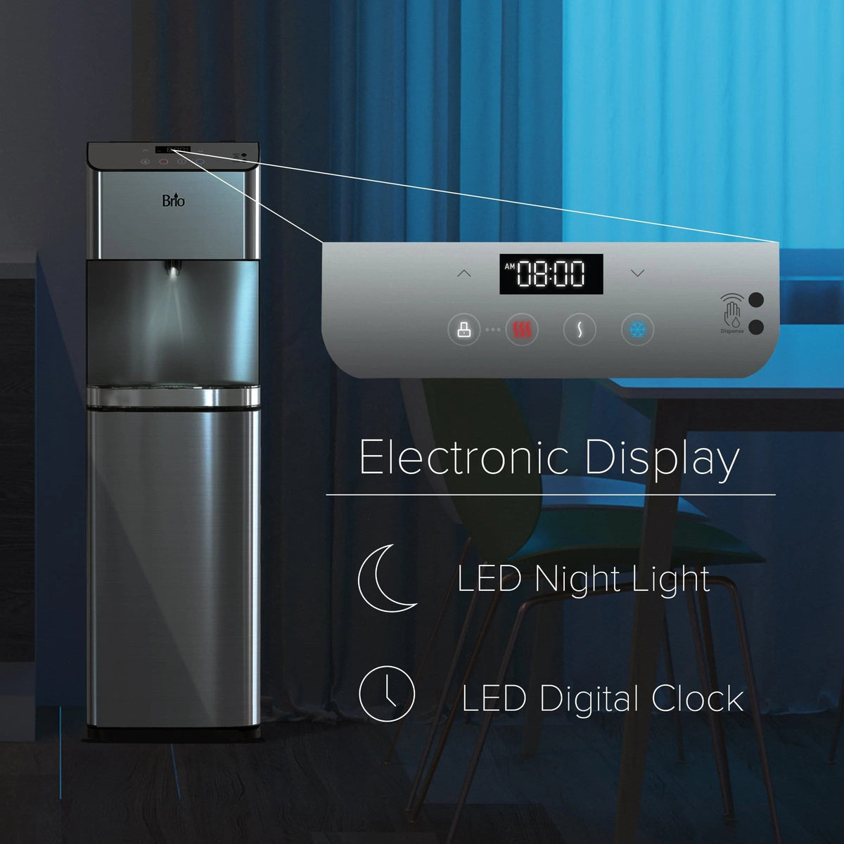 The Touchless 4-Stage Reverse Osmosis Bottleless Water Cooler - Moderna Series, featuring stainless steel construction, an LED night light, electronic display showing 08:00 AM, and digital clock with indicator icons, is placed in a dimly lit room with curtains. This touchless water cooler delivers both convenience and modern style to any space.