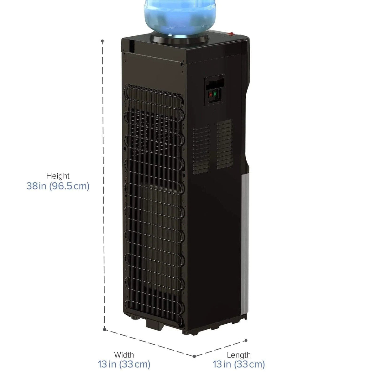 The Top Load Water Cooler - 420 Series is shown in black with a blue water jug on top, featuring a tri-temperature water dispenser and stainless steel reservoirs. The cooler’s height (38 in/96.5 cm), width (13 in/33 cm), and length (13 in/33 cm) are indicated with dashed lines.