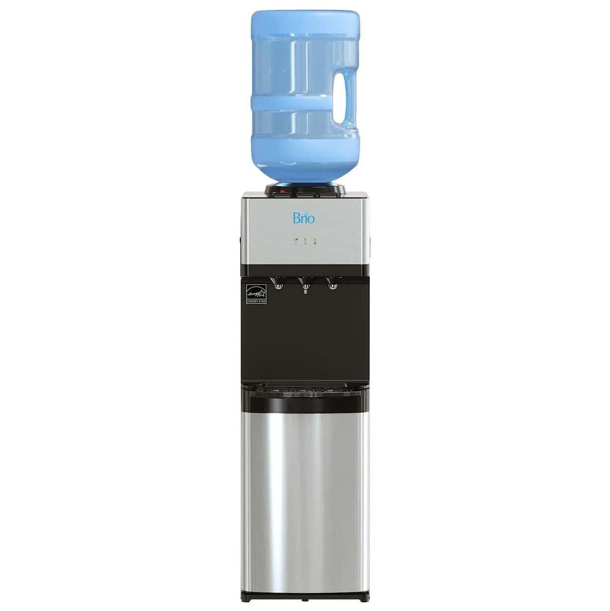 The Stainless Top Load Water Cooler - 520 Series offers tri-temperature control, three spouts, and a large blue water jug on top.