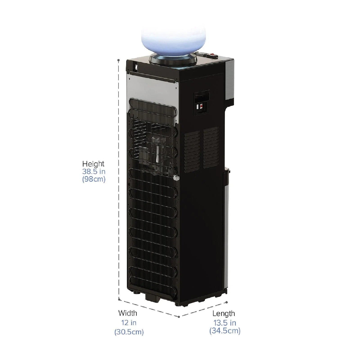 The Stainless Top Load Water Cooler - 520 Series has a tall black and stainless steel design with a blue jug on top, tri-temperature dispensing, and measures 38.5 in (98 cm) high, 12 in (30.5 cm) wide, and 13.5 in (34.5 cm) long.