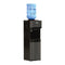 The Black Stainless Top Load Water Cooler - 520 Series is shown against a white background, featuring a large blue water jug on top, dual spouts for dispensing hot and cold water, and a lower compartment finished in stainless steel.