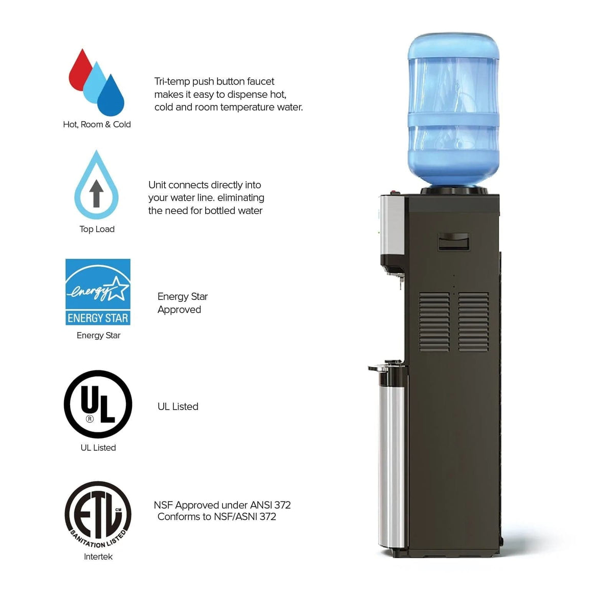 Side view of the Black Stainless Top Load Water Cooler - 520 Series with a blue bottle on top. Next to it are icons and text highlighting key features: tri-temperature buttons, top load design, Energy Star certification, UL and ETL listings, and NSF/ANSI 372 certification.