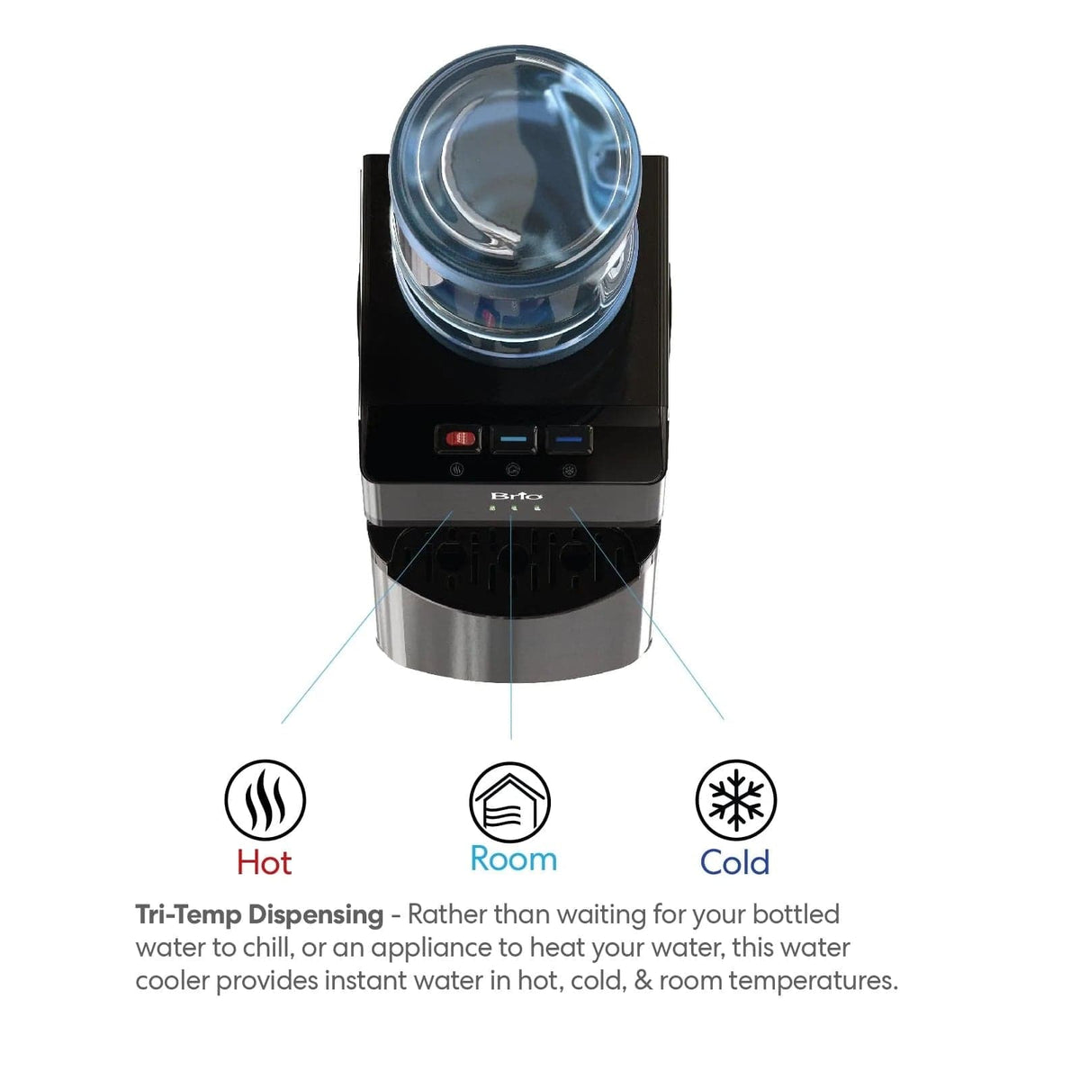 Top view of the Black Stainless Top Load Water Cooler - 520 Series, featuring buttons labeled hot, room, and cold with a water bottle positioned on top. Sleek black stainless steel accents add style, while icons and text below explain the cooler dispenses hot, room-temperature, and cold water instantly.