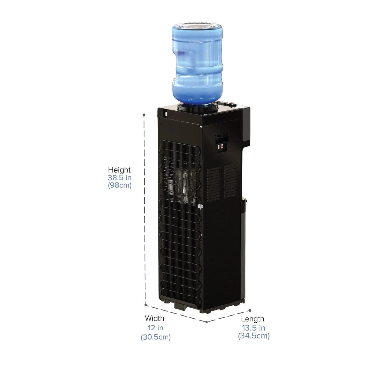 The Black Stainless Top Load Water Cooler - 520 Series features a sleek black design with a blue jug positioned on top. Measuring 38.5 inches (98 cm) in height, 12 inches (30.5 cm) in width, and 13.5 inches (34.5 cm) in length, this cooler includes an open side panel that reveals internal stainless steel components for enhanced durability and hygiene.