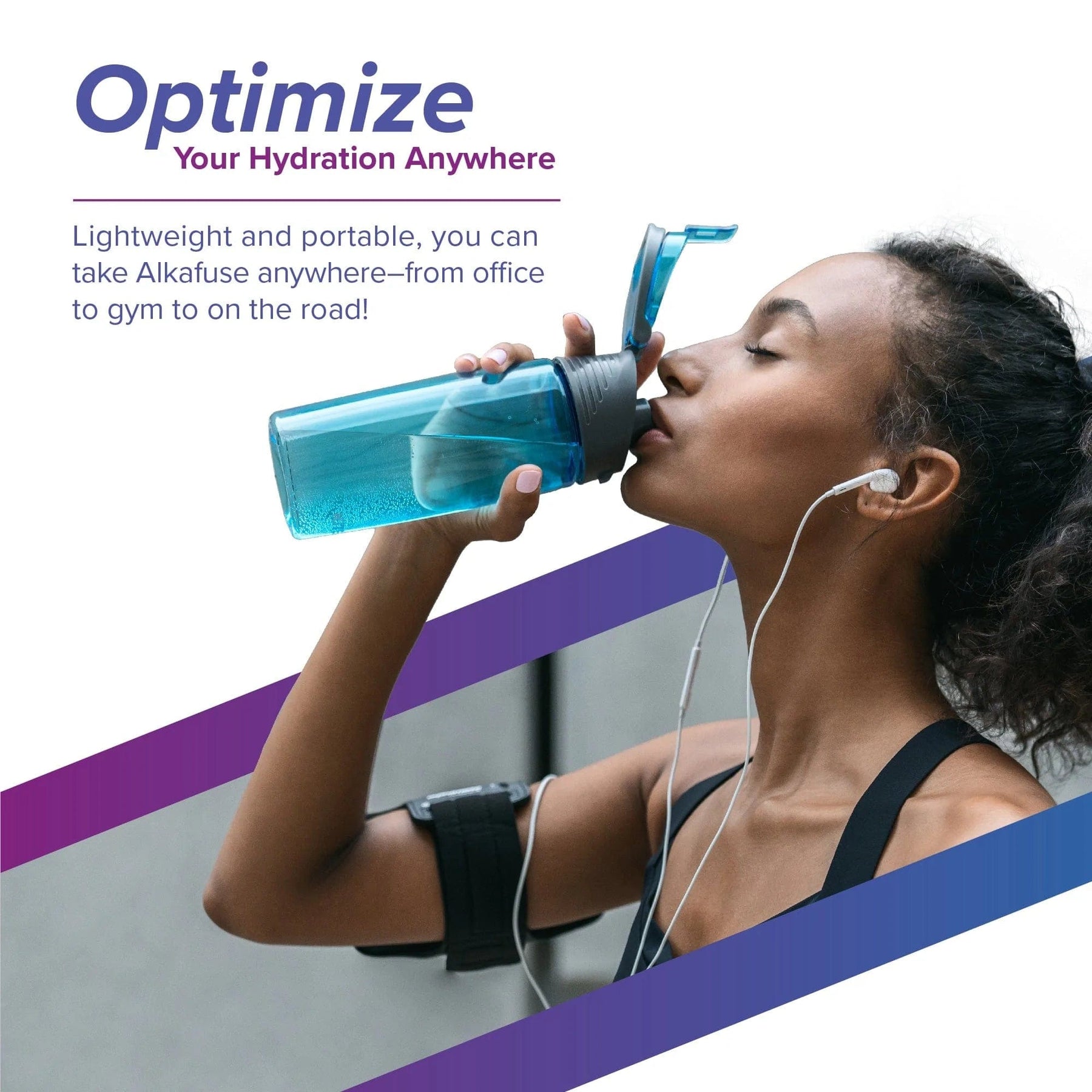 A woman in athletic gear drinks from a blue bottle. Text: Optimize your hydration anywhere with Alkafuse Portable Alkaline Water Filter Pouches (4-Pouches) for refreshing, antioxidant-rich water at the office, gym, or on the go!.