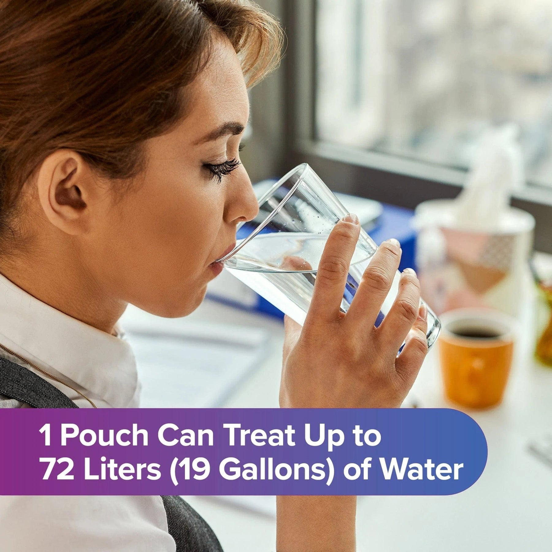 A woman drinks water at her desk, with text overlay: Each Alkafuse Portable Alkaline Water Filter Pouch (4-Pouches) treats up to 72 liters (19 gallons). A window and office supplies are in the background.
