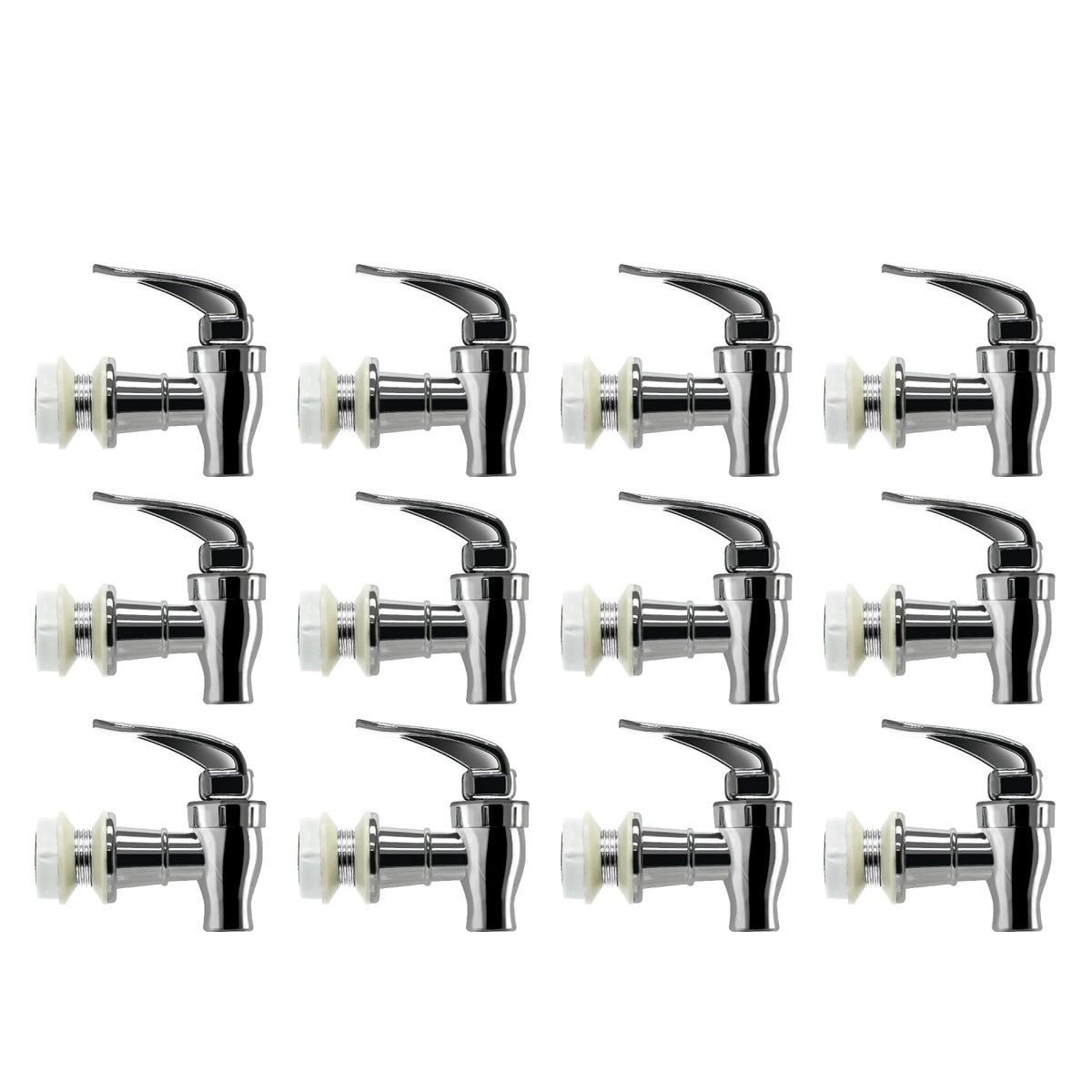 Twelve Brio Water Dispenser Replacement Valves (12-Pack, multiple colors), perfect for water bottle dispensers and porcelain crocks, with black levers and white washers, are neatly arranged in a grid on a white background.