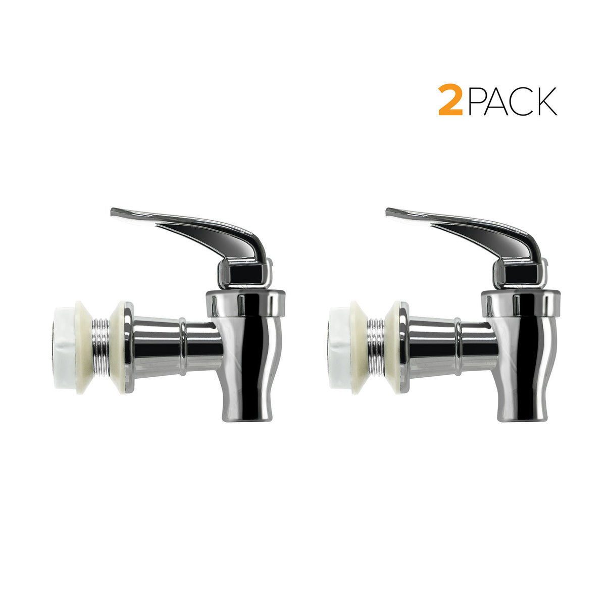 Two Water Dispenser Replacement Valves (2-Pack) in chrome with black levers, suitable for porcelain water crocks or water bottle dispensers, are displayed side by side on a white background. “2 PACK” text is shown in the upper right corner. These BPA-free valves are designed for safe, everyday use.