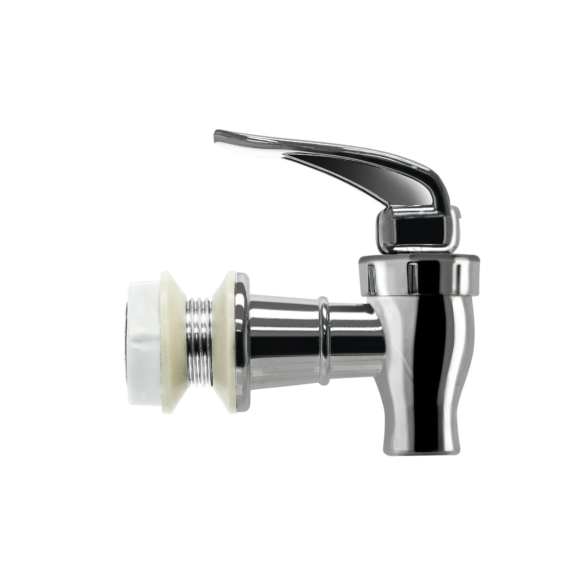 A Brio Water Dispenser Replacement Valve from the 6-Pack set, photographed from the side on a white background. This shiny metal lever-handle faucet has a threaded end with a white washer, ideal for porcelain water crocks or dispensers.