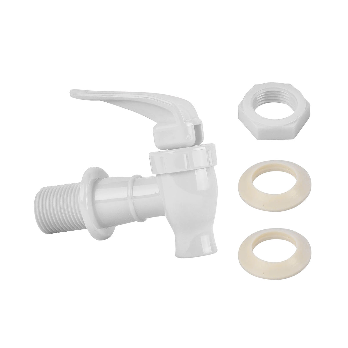 A pack of 4 BPA-free Water Dispenser Replacement Valves in multiple colors, each with a lever handle, white threaded nut, and two beige washers—perfect for water bottle dispensers or porcelain water crocks.