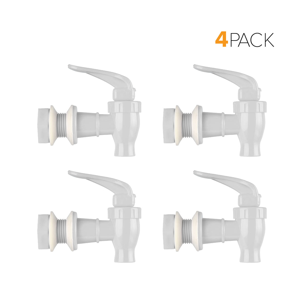 Four Water Dispenser Replacement Valves (4-Pack) in white BPA-free plastic with levers, arranged in a grid for bottle dispensers or porcelain water crocks. "4 PACK" is shown in black and orange at the upper right on a white background.