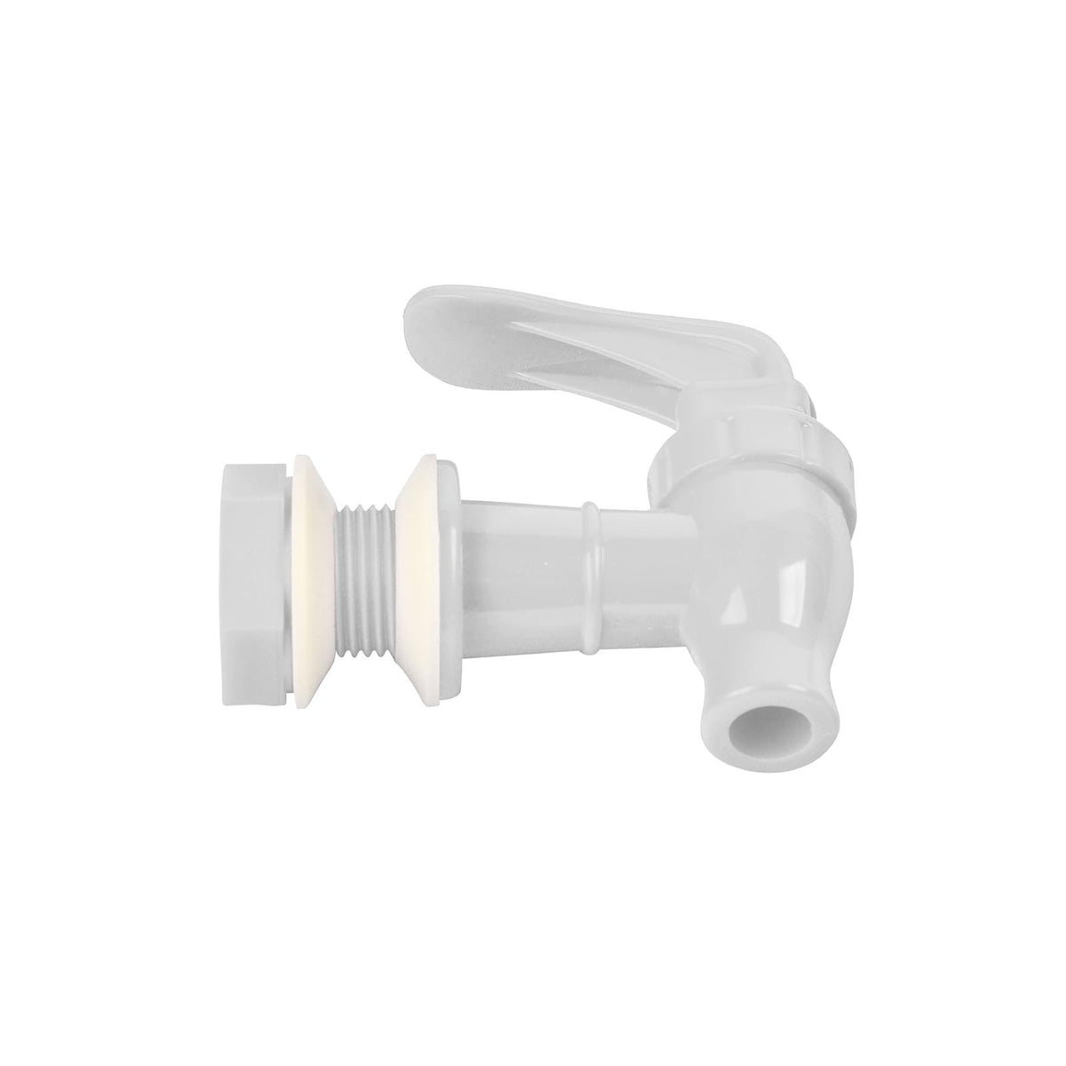Brio Water Dispenser Replacement Valves (6-Pack) in white feature threaded ends, flat lever handles, and securing nuts; perfect for BPA-free porcelain water crocks and water bottle dispensers. Multiple colors available. Isolated on white background.