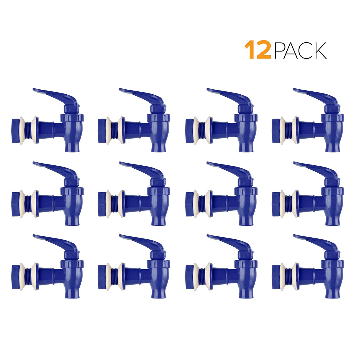 Twelve Brio Water Dispenser Replacement Valves (12-Pack) in blue are arranged in a 3x4 grid on a white background, with "12 PACK" displayed in the top right corner.