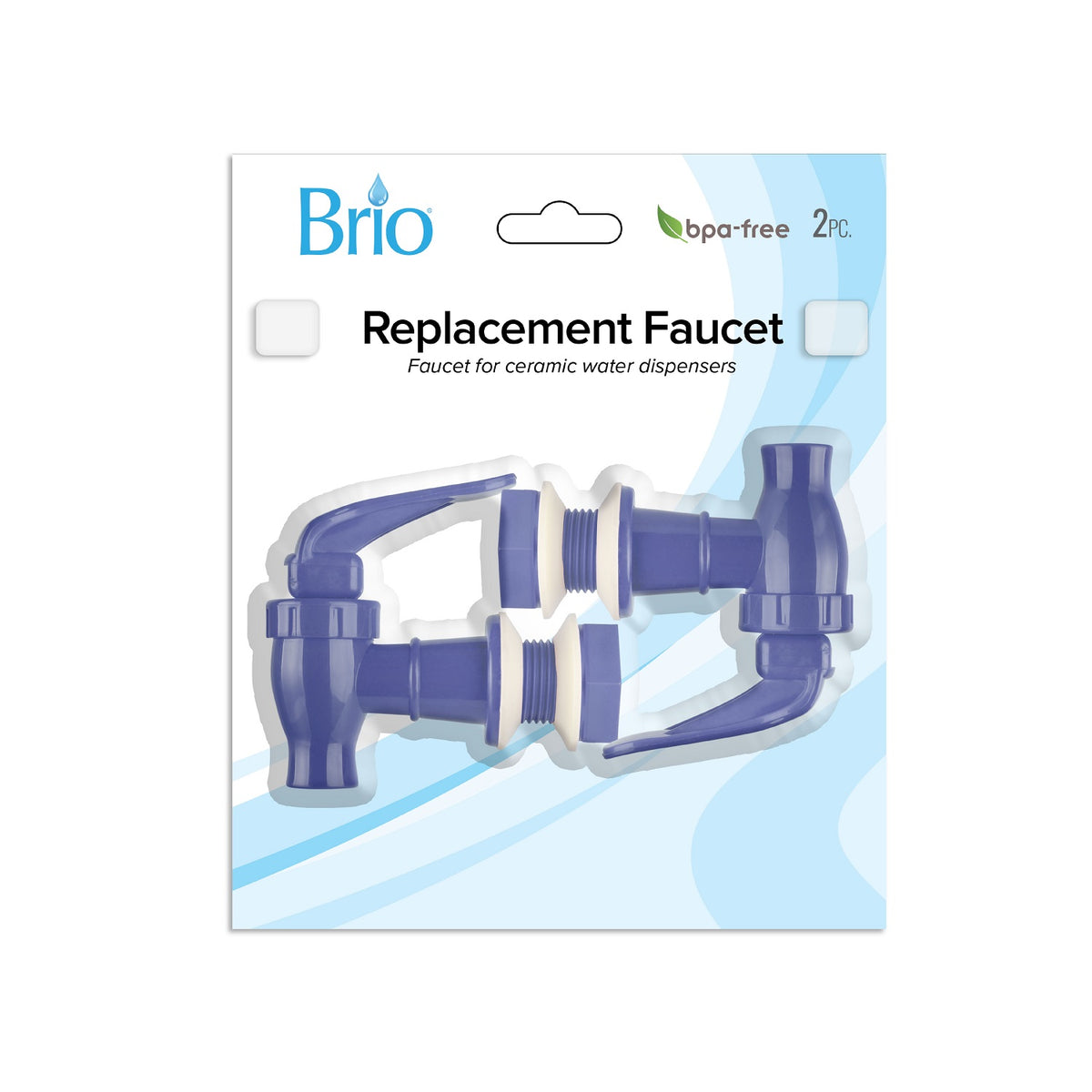 Packaged on a white and blue Brio-branded card labeled “Replacement Faucet,” “BPA free,” and “2pc,” the Water Dispenser Replacement Valves (2-Pack) in blue are designed for ceramic water dispensers. Ideal for use with water bottle dispensers or porcelain water crocks, these valves provide a safe and dependable hydration solution.