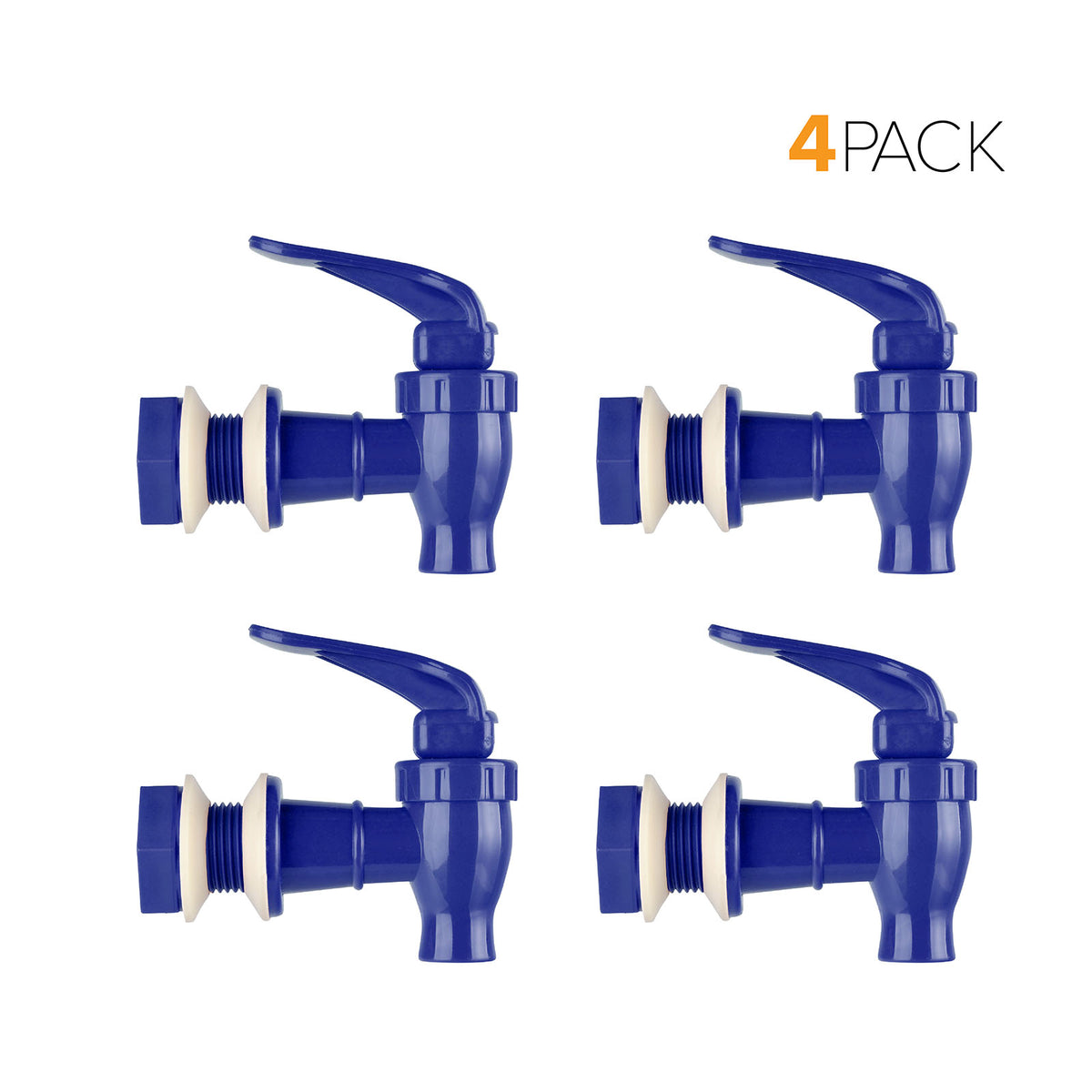 Four Water Dispenser Replacement Valves (4-Pack) in blue with white washers are shown arranged in a grid on a white background, ideal for water bottle dispensers or porcelain crocks. The text "4 PACK" is displayed in the top right corner.