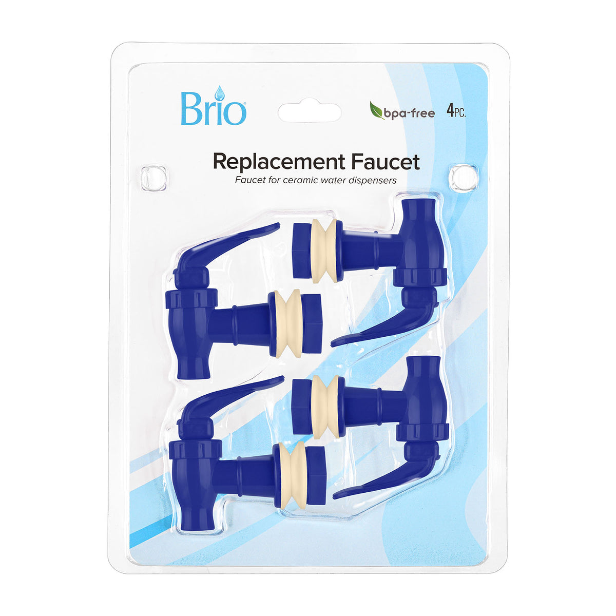 The Water Dispenser Replacement Valves (4-Pack) - Multiple Colors includes four BPA-free valves for porcelain water crocks or dispensers, packaged in clear plastic with a white Brio label. Suitable as replacement faucets.