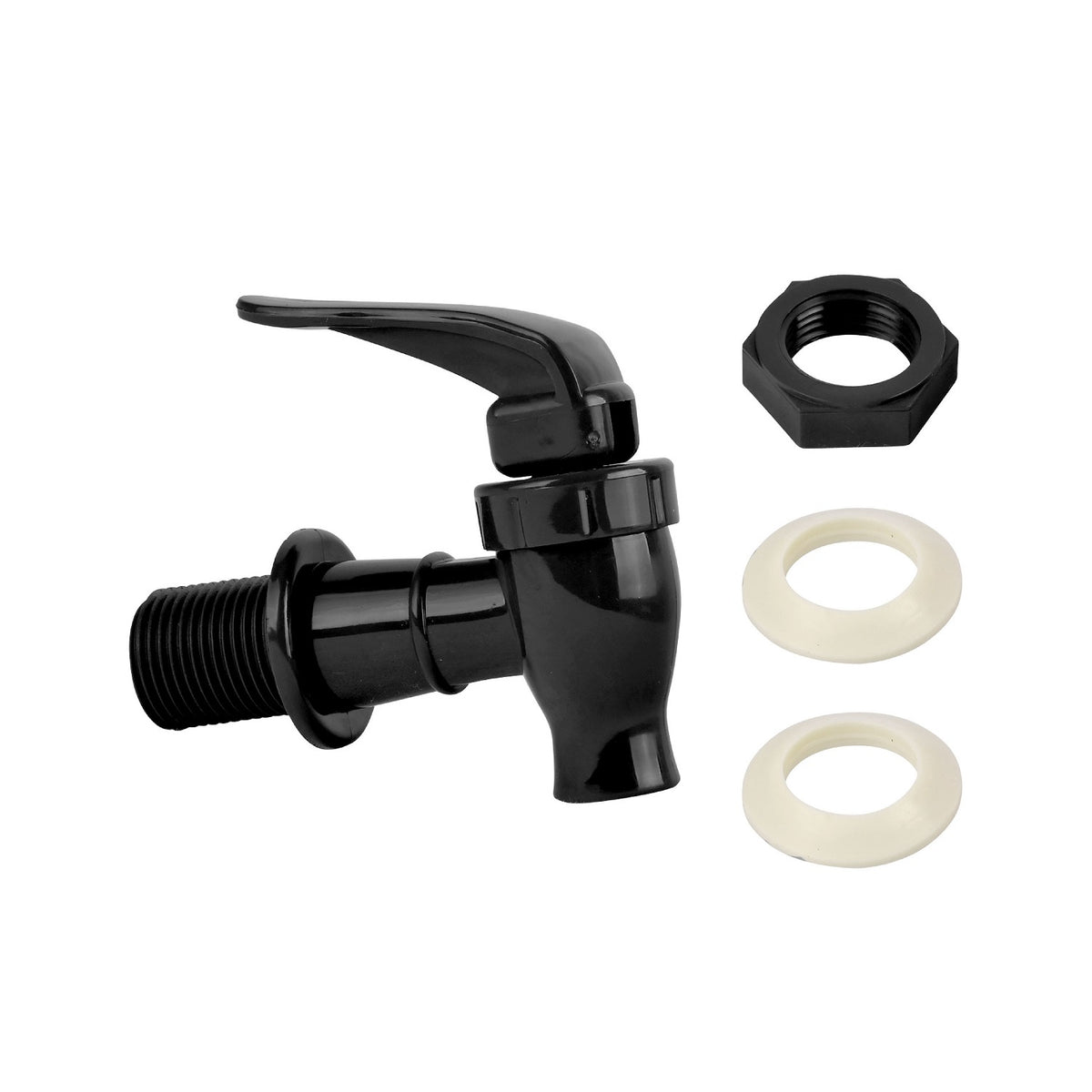 Brio Water Dispenser Replacement Valves (12-Pack) in black plastic, BPA free, with lever handle; includes black threaded nut and two white washers—perfect for water bottle dispensers or porcelain crocks. Shown on a white background.