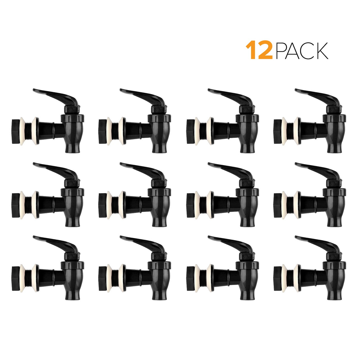 Twelve Brio Water Dispenser Replacement Valves (12-Pack) in black, displayed in three rows of four, with "12 PACK" in orange and black at the top right on a white background.