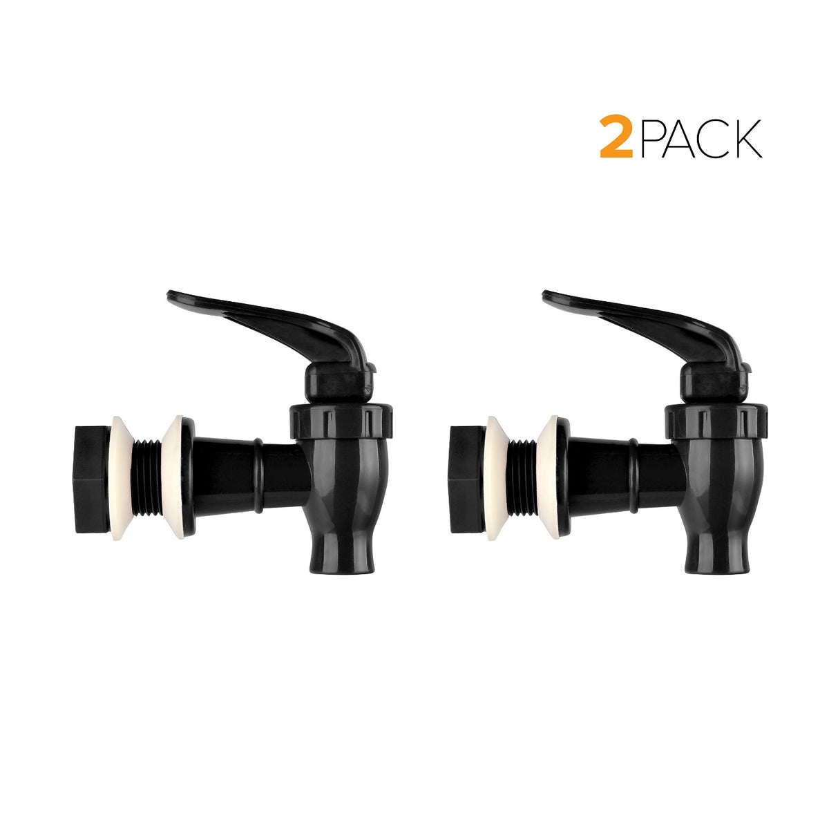 Two black Water Dispenser Replacement Valves (2-Pack) made of plastic, each with a white washer, are displayed side by side on a white background. Designed for compatibility with porcelain water crocks and water bottle dispensers, these BPA-free valves ensure safe and convenient pouring. The text “2 PACK” appears in the upper right corner.