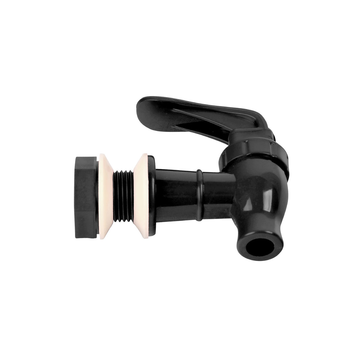 A black plastic Water Dispenser Replacement Valve with a lever handle, threaded section, and white washers is shown positioned horizontally on a white background—perfect for use with BPA free porcelain water crocks or water bottle dispensers.