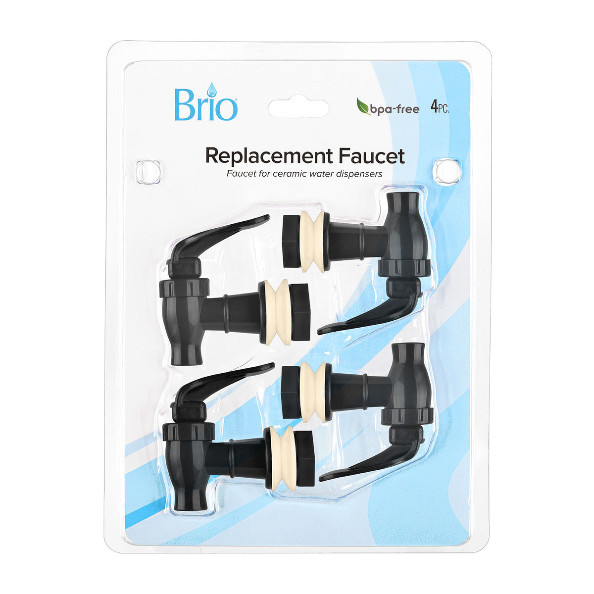 The Brio Water Dispenser Replacement Valves (4-Pack) include four black, BPA-free taps with cream washers for porcelain water crocks or bottle dispensers—ideal for upgrading your ceramic water dispenser.