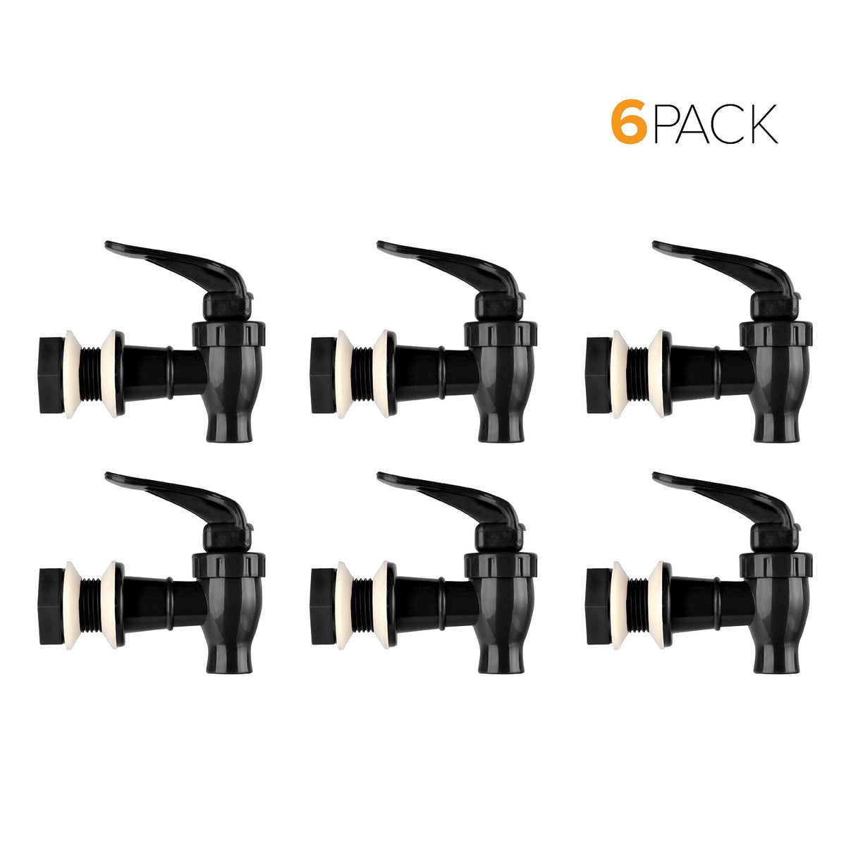 Six Water Dispenser Replacement Valves (6-Pack, black with white washers) are shown in two rows of three, suitable for water bottle dispensers or porcelain crocks. "6 PACK" is displayed in the top right corner.