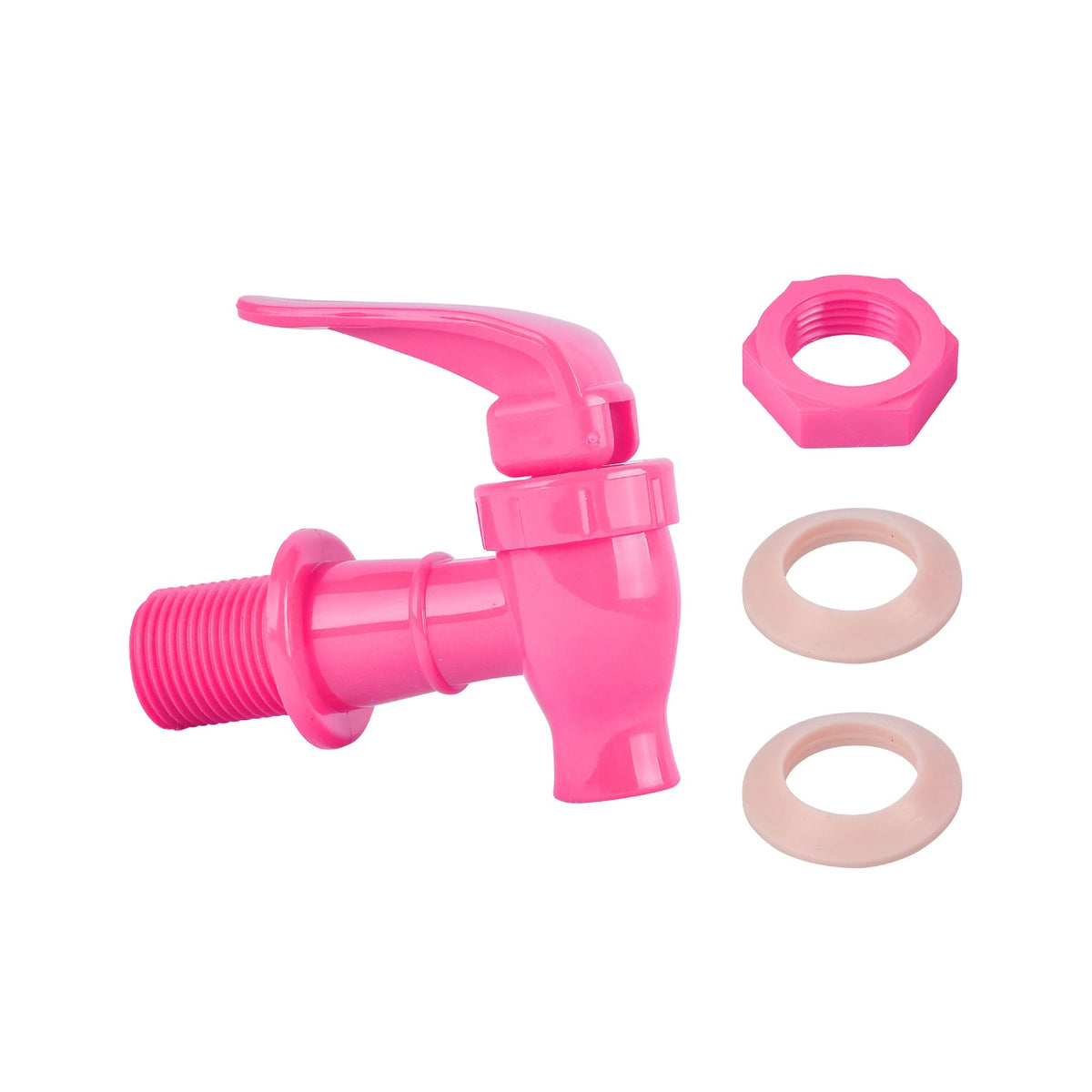 Water Dispenser Replacement Valves (6-Pack) in bright pink plastic, ideal for porcelain crocks or bottle dispensers, include a handle, matching nut, two beige washers, all BPA free and shown on a white background.