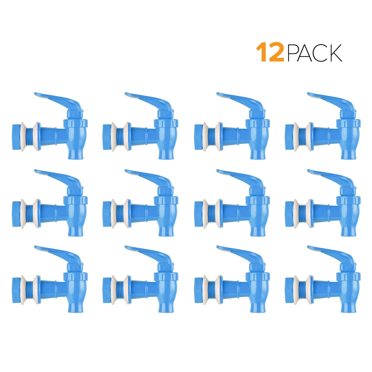 Twelve Water Dispenser Replacement Valves (12-Pack) in blue plastic, BPA free, are arranged in three rows of four on a white background. "12 PACK" is displayed in the top right corner.