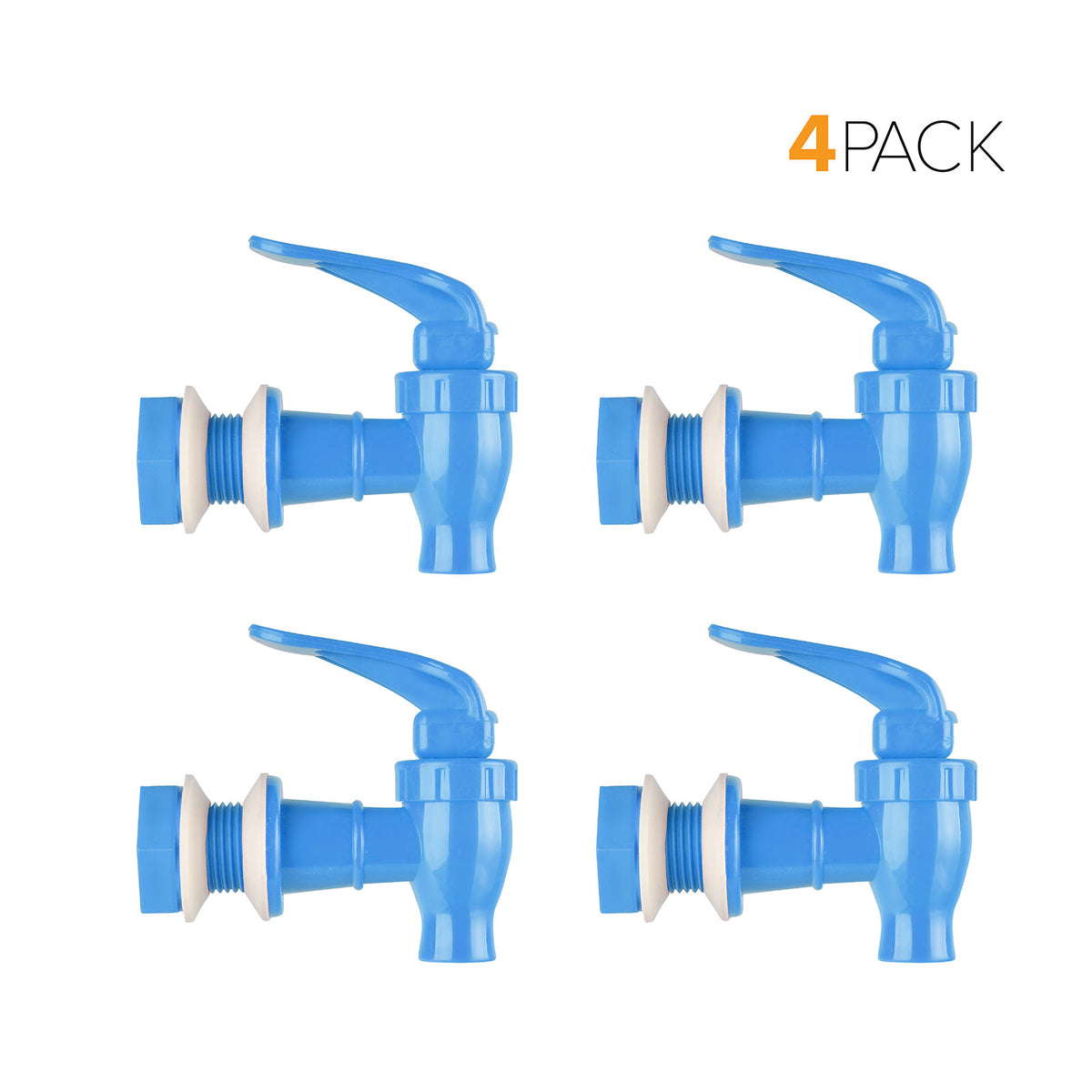 Four Water Dispenser Replacement Valves (4-Pack) in blue plastic with white washers are arranged in a grid. "4 PACK" appears at the top right, making them ideal for water bottle dispensers or porcelain crocks. Multiple color options available.