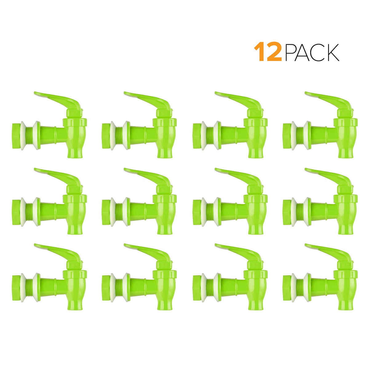 Twelve Water Dispenser Replacement Valves (12-Pack) in bright green plastic, BPA free, are arranged in three rows; “12 PACK” appears in black and orange text at the top right on a white background.