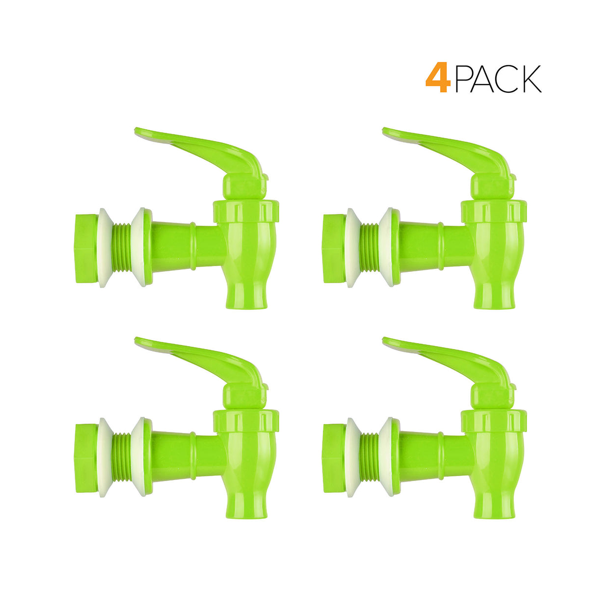 Four green Water Dispenser Replacement Valves (4-Pack) with white washers are shown side by side, each facing right. The top right corner displays "4 PACK" in orange—ideal for water bottles or porcelain water crocks.