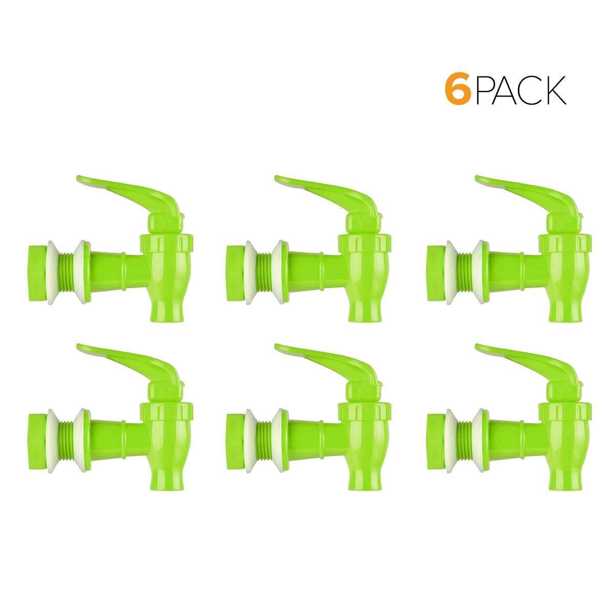 Six green Water Dispenser Replacement Valves (6-Pack) with threaded ends and lever handles are shown in two rows of three. BPA free, ideal as water bottle dispenser taps. "6 PACK" appears at the top right, 6 in orange, PACK in black.
