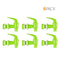 Six green Water Dispenser Replacement Valves (6-Pack) with threaded ends and lever handles are shown in two rows of three. BPA free, ideal as water bottle dispenser taps. "6 PACK" appears at the top right, 6 in orange, PACK in black.
