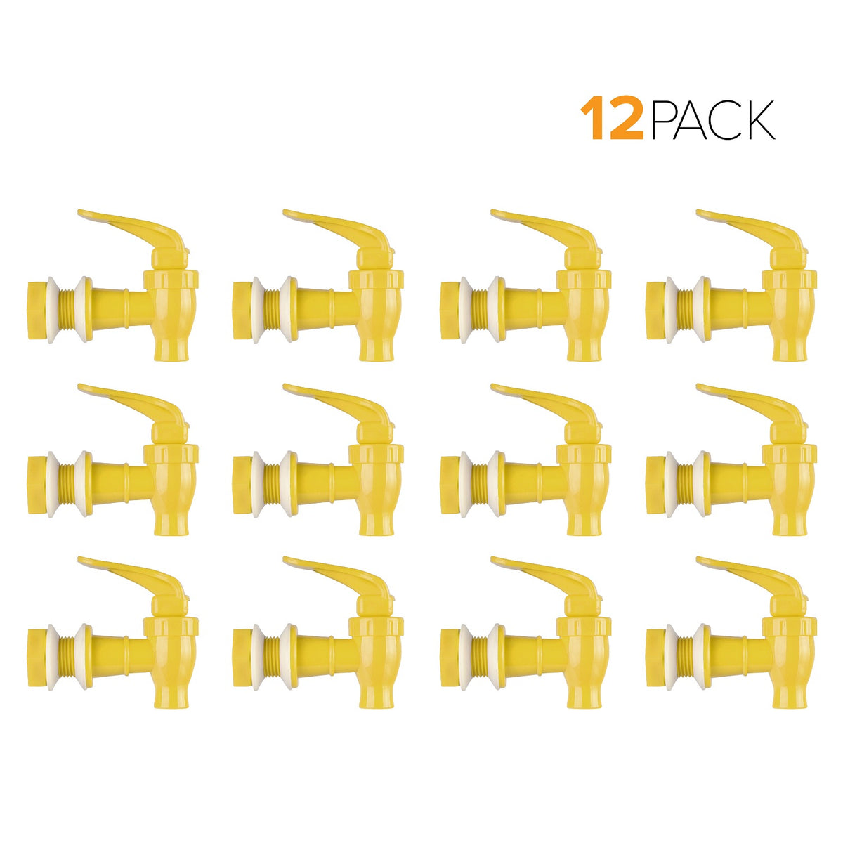 Twelve Water Dispenser Replacement Valves (12-Pack) in yellow BPA-free plastic with handles are shown in three rows of four, with "12 PACK" in black and orange, ideal for porcelain water crocks or water bottle dispensers.