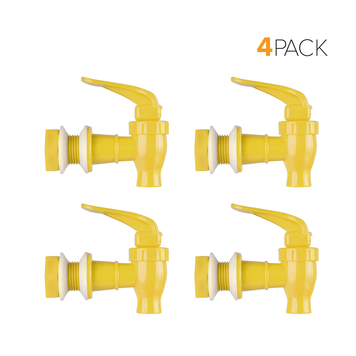 Four yellow Water Dispenser Replacement Valves (4-Pack) with white washers are displayed in two rows, each facing right. Suitable for porcelain water crocks and BPA-free bottle dispensers. "4 PACK" appears at the top right.