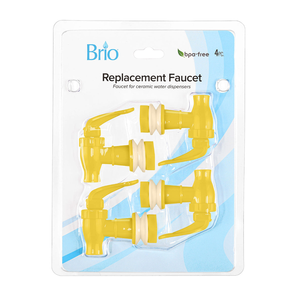A 4-pack of Water Dispenser Replacement Valves in yellow, BPA-free, for porcelain crocks or bottle dispensers. Packaged in a clear blister pack labeled Water Dispenser Replacement Valves (4-Pack) - Multiple Colors on white and blue.
