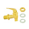 The Water Dispenser Replacement Valves (6-Pack) in yellow feature a plastic lever handle, yellow threaded nut, and two green BPA-free washers—perfect for bottle dispensers or water crocks, shown on a white background.