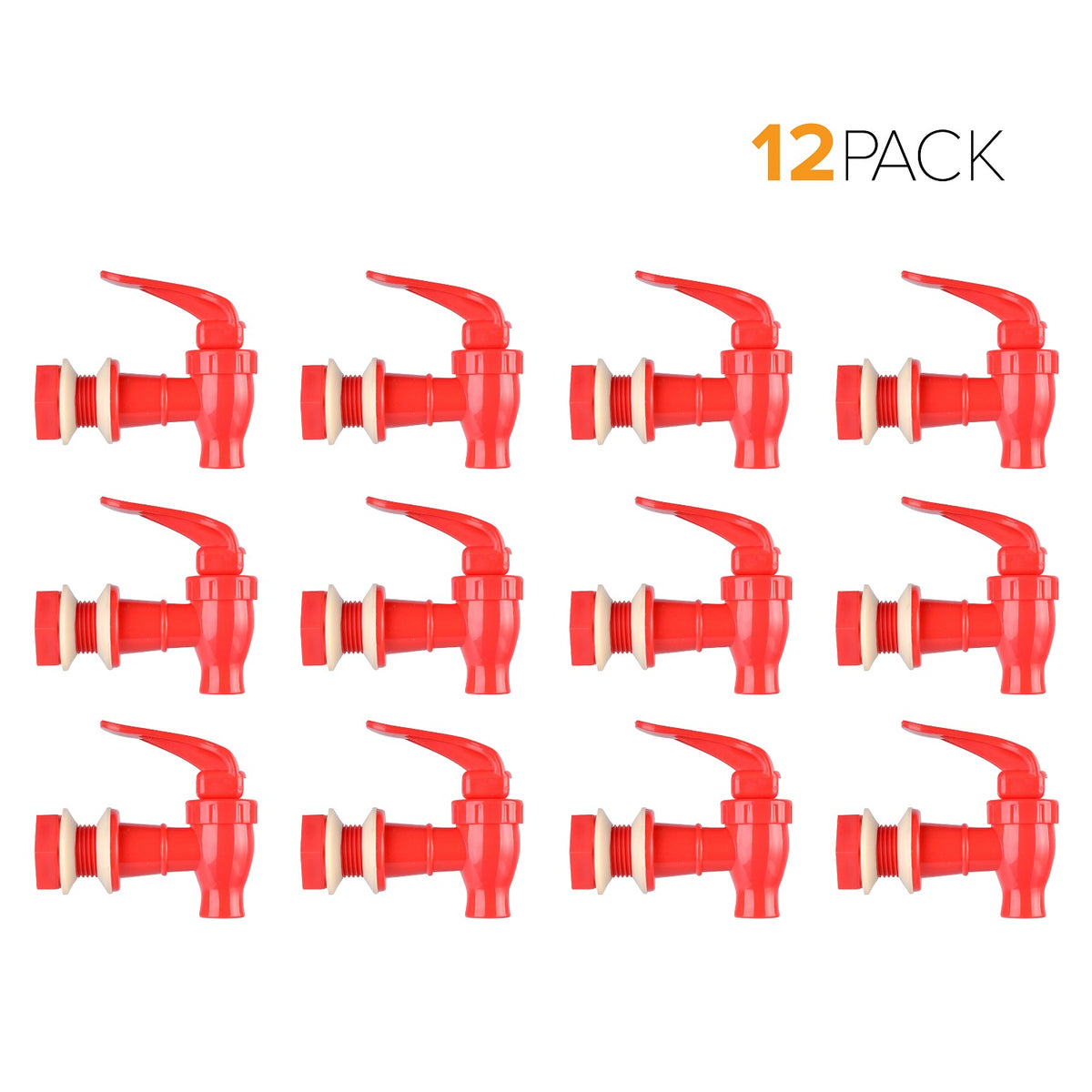 Twelve Water Dispenser Replacement Valves (12-Pack, multiple colors) with handles are shown in three rows of four, ideal for water bottle dispensers or porcelain crocks. “12 PACK” is displayed in the upper right corner of the image.